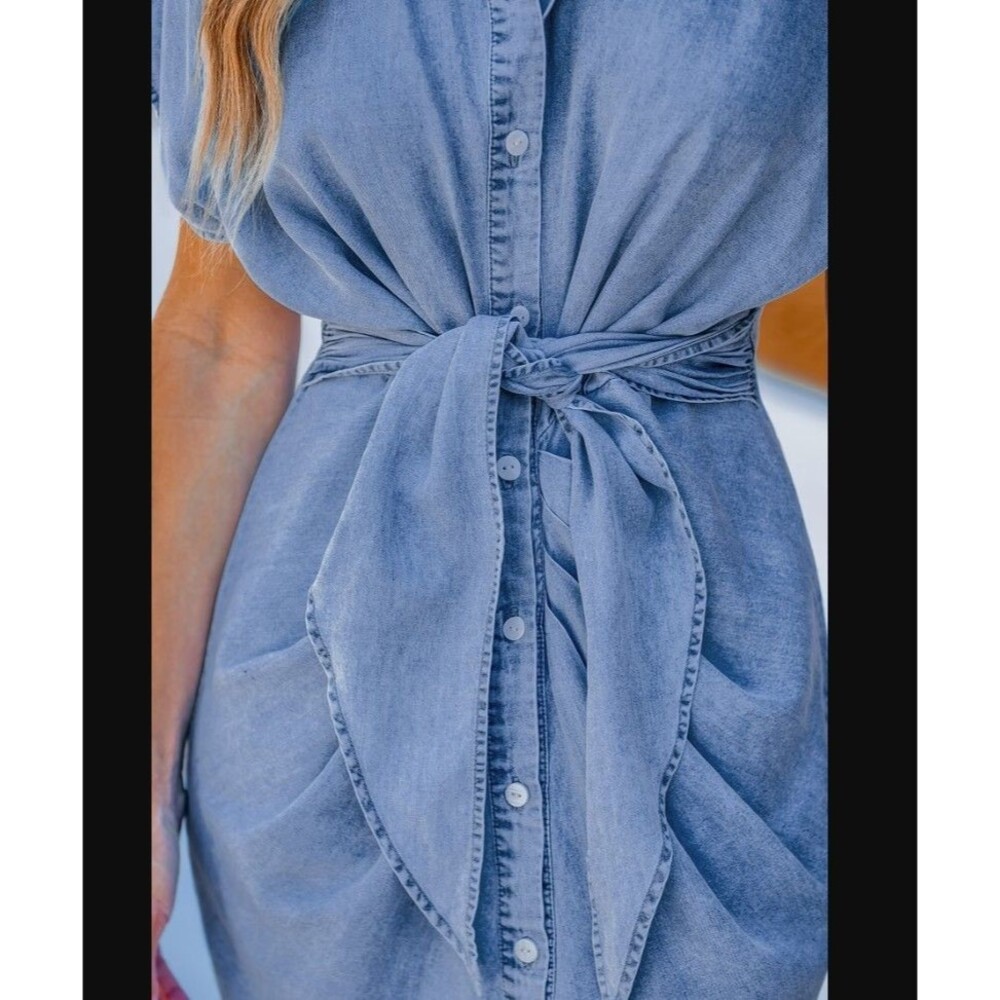 NWT CUPSHE Denim Midi Shirt Dress Blue Button Up Dolman Sleeve Sash Waist Medium - Picture 6 of 13